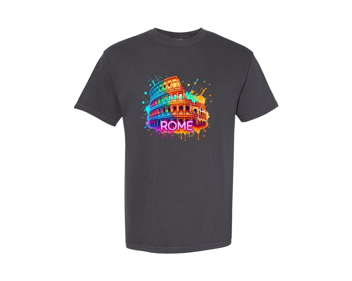 brand:Comfort Colors|color:Graphite|Colorful Neon Italy Rome Colosseum Graphic T-Shirt