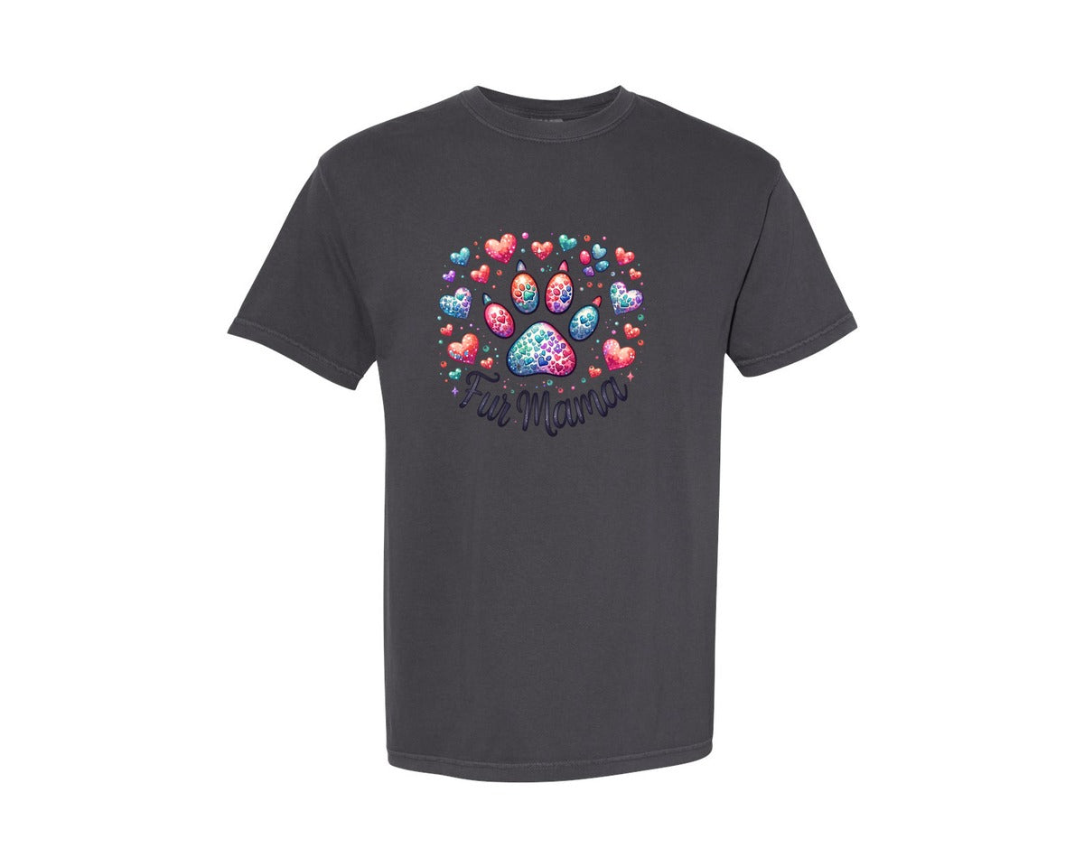 brand:Comfort Colors|color:Graphite|Fur Mama Dog Mom Glitter Hearts Paw Graphic T-Shirt