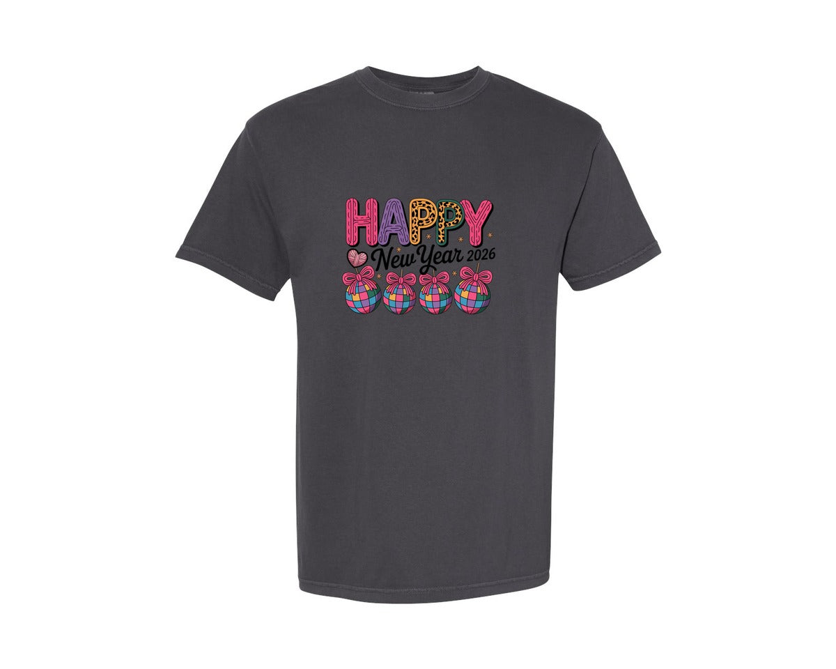 brand:Comfort Colors|color:Graphite|Colorful Happy New Year 2026 Groovy Graphic T-Shirt