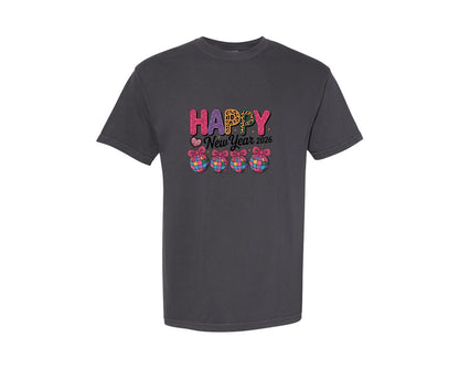 brand:Comfort Colors|color:Graphite|Colorful Happy New Year 2026 Groovy Graphic T-Shirt