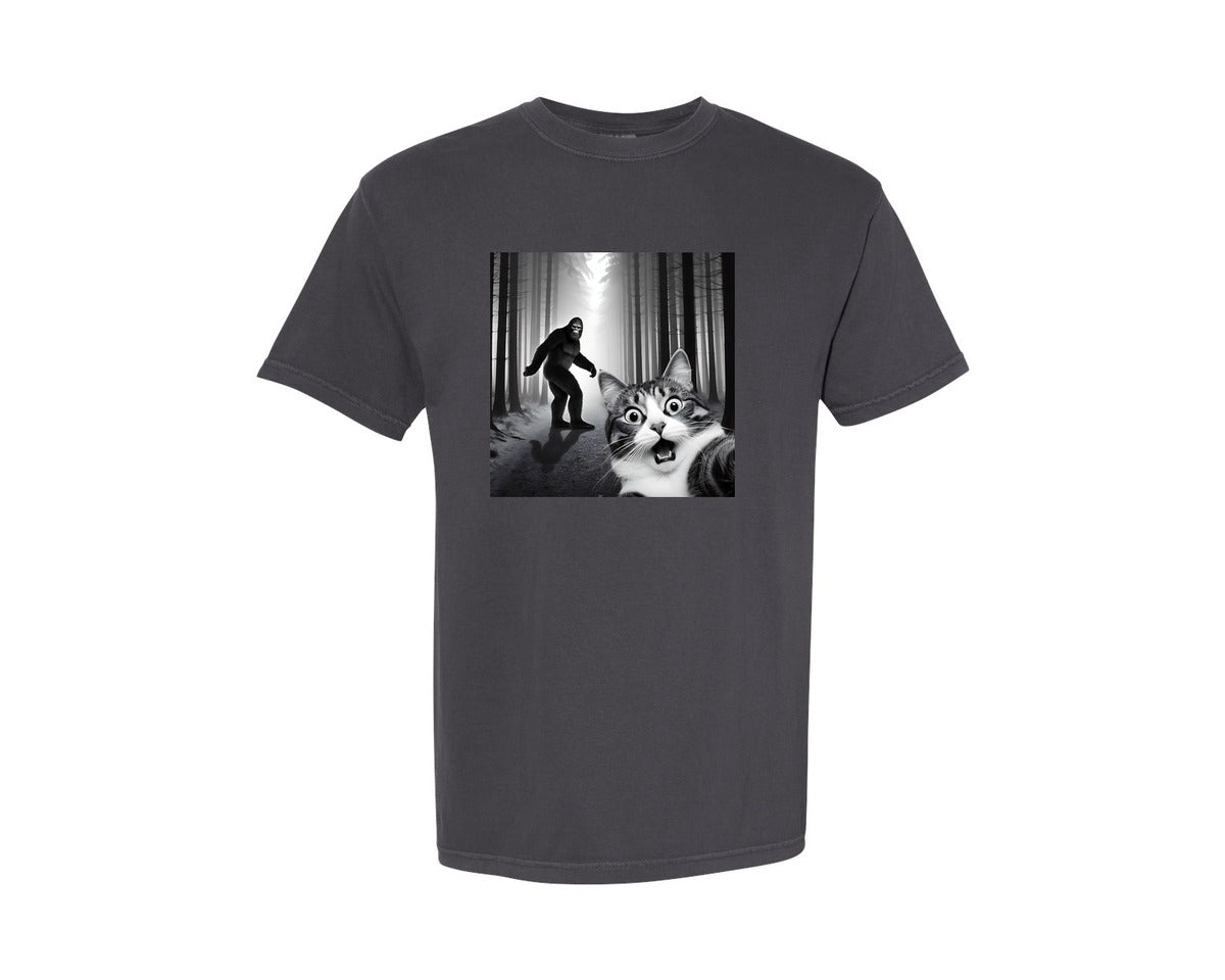 brand:Comfort Colors|color:Graphite|Cat Selfie With Sasquatch Graphic T-Shirt