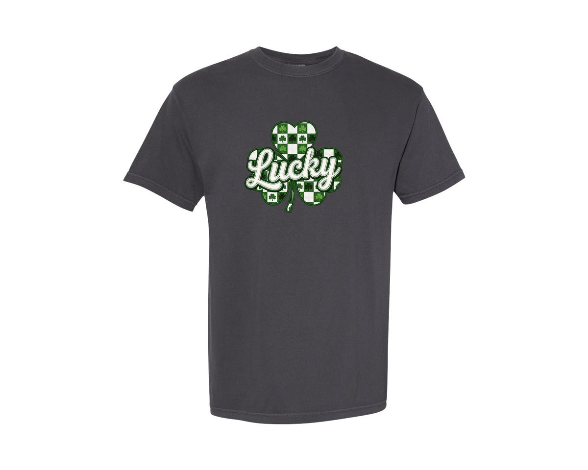 brand:Comfort Colors|color:Graphite|Lucky Yarn Embroidery Shamrock Graphic T-Shirt