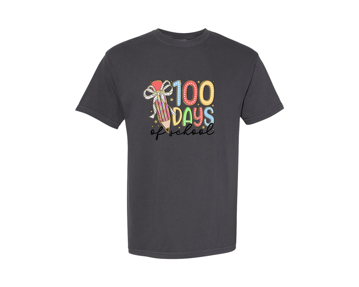 brand:Comfort Colors|color:Graphite|100 Days Of School Cute Pencil Bow Graphic T-Shirt