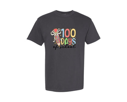 brand:Comfort Colors|color:Graphite|100 Days Of School Cute Pencil Bow Graphic T-Shirt