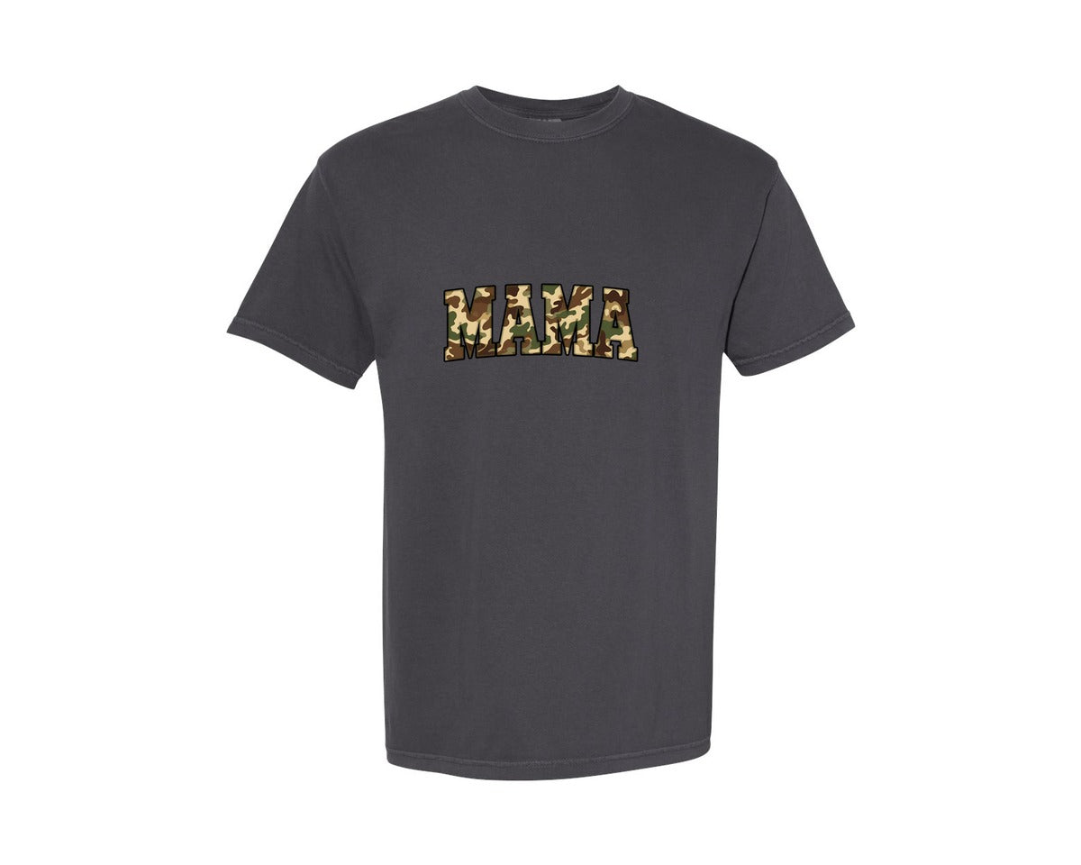 brand:Comfort Colors|color:Graphite|Camo Mama Rustic Hunting Mom Sublim Graphic T-Shirt