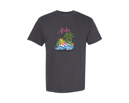brand:Comfort Colors|color:Graphite|Summer Aloha Beach Boho Flower Floral 2 Graphic T-Shirt