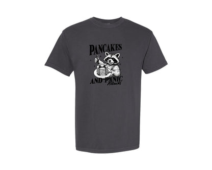 brand:Comfort Colors|color:Graphite|Mental Health Raccoon Pancakes And Panic Graphic T-Shirt