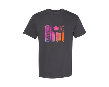 brand:Comfort Colors|color:Graphite|Lunch Lady Tie Dye Usa Flag Graphic T-Shirt