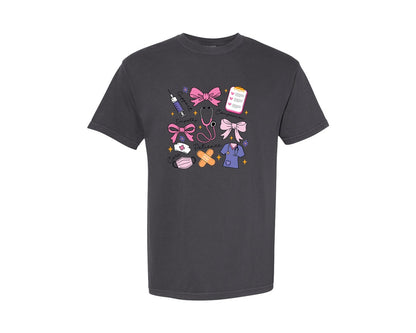 brand:Comfort Colors|color:Graphite|Coquette Nurse Health Care Worker 3 Graphic T-Shirt