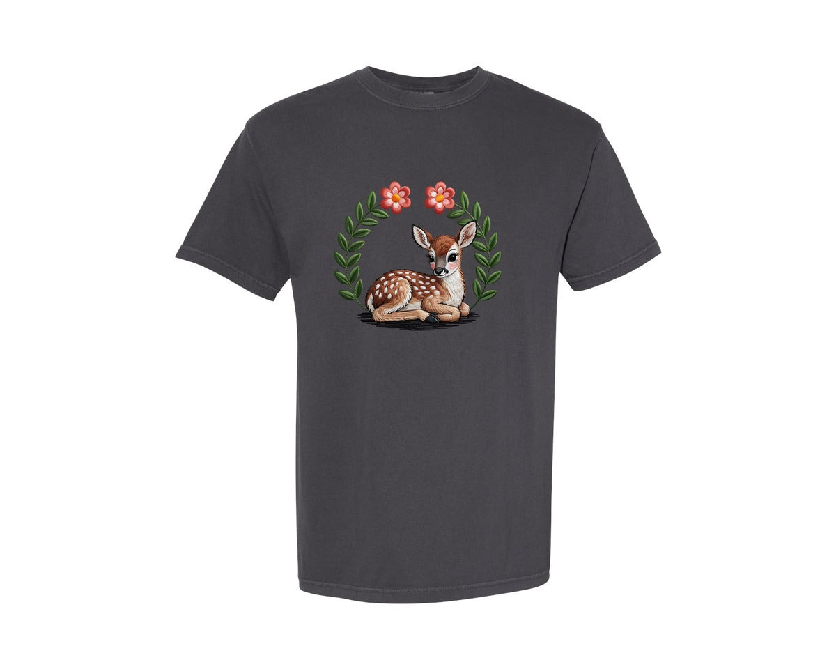 brand:Comfort Colors|color:Graphite|Cute Baby Deer Embroidery Graphic T-Shirt