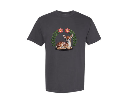 brand:Comfort Colors|color:Graphite|Cute Baby Deer Embroidery Graphic T-Shirt