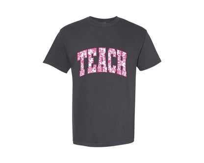 brand:Comfort Colors|color:Graphite|Teach Chinoiserie Floral Teacher Pink Graphic T-Shirt
