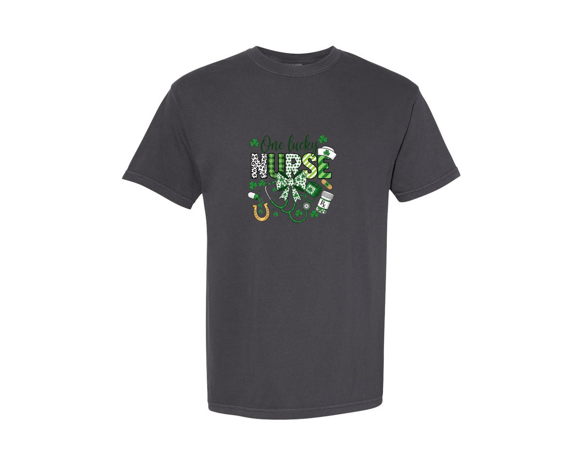 brand:Comfort Colors|color:Graphite|One Lucky Nurse St Patricks Day 13 Graphic T-Shirt