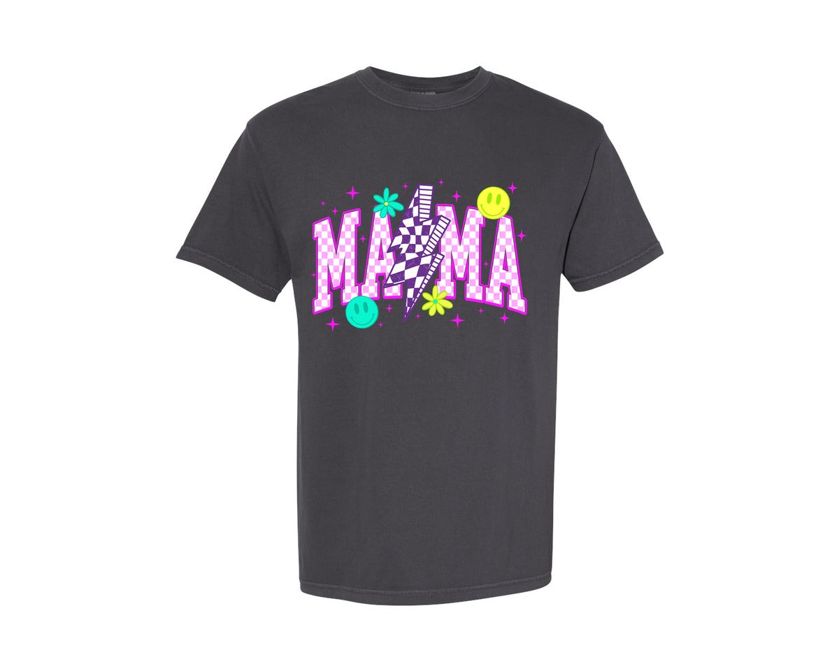 brand:Comfort Colors|color:Graphite|Checkered Mama Pink Lightning Bolt Graphic T-Shirt