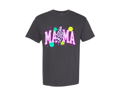 brand:Comfort Colors|color:Graphite|Checkered Mama Pink Lightning Bolt Graphic T-Shirt
