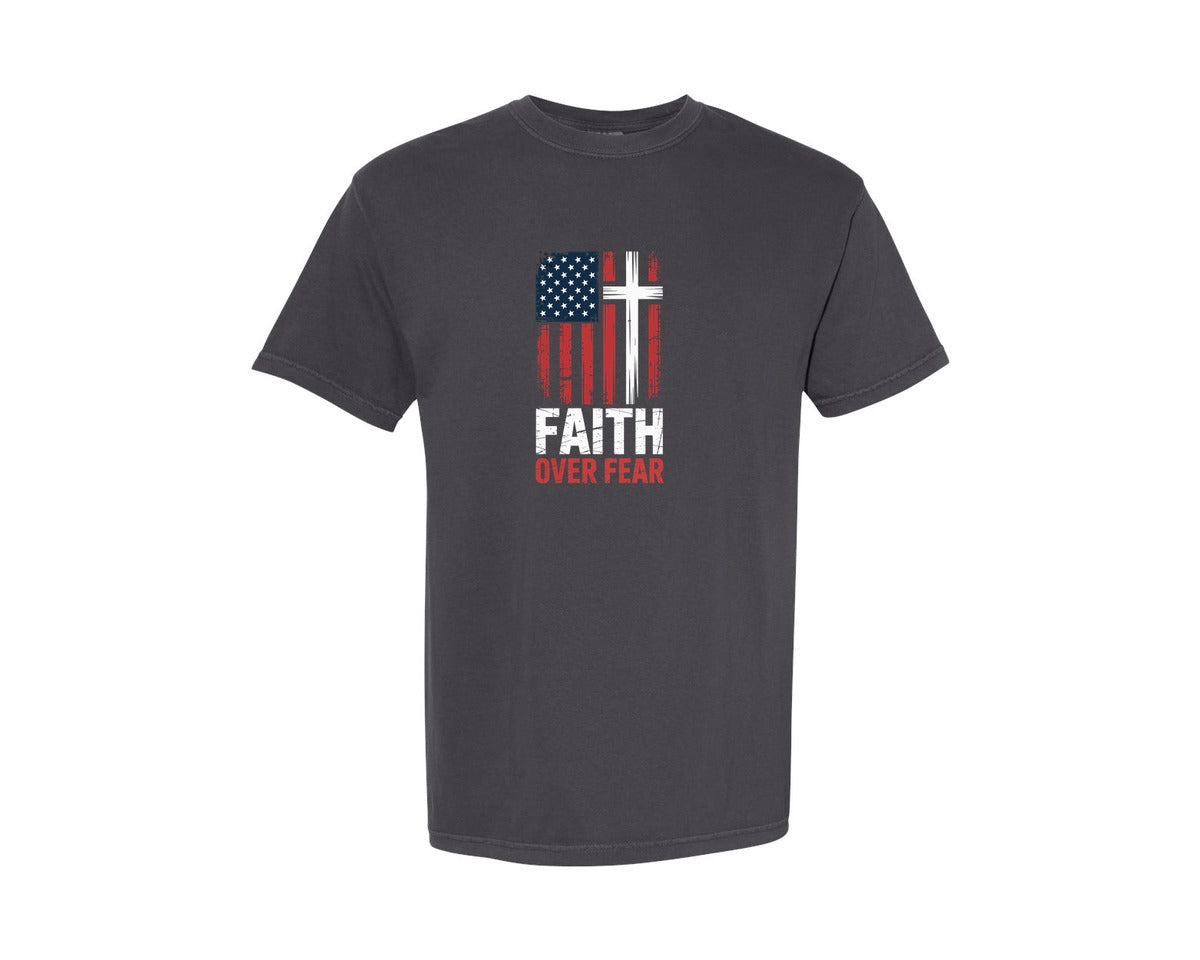 brand:Comfort Colors|color:Graphite|Faith Over Fear Usa Flag T Shirt Design Graphic T-Shirt