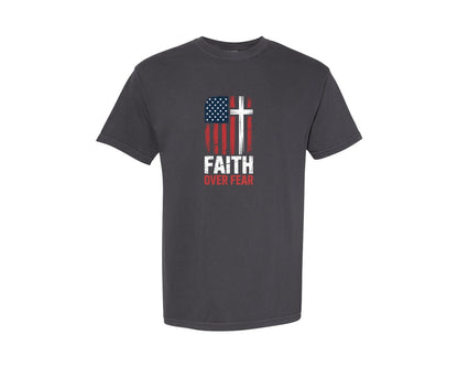 brand:Comfort Colors|color:Graphite|Faith Over Fear Usa Flag T Shirt Design Graphic T-Shirt