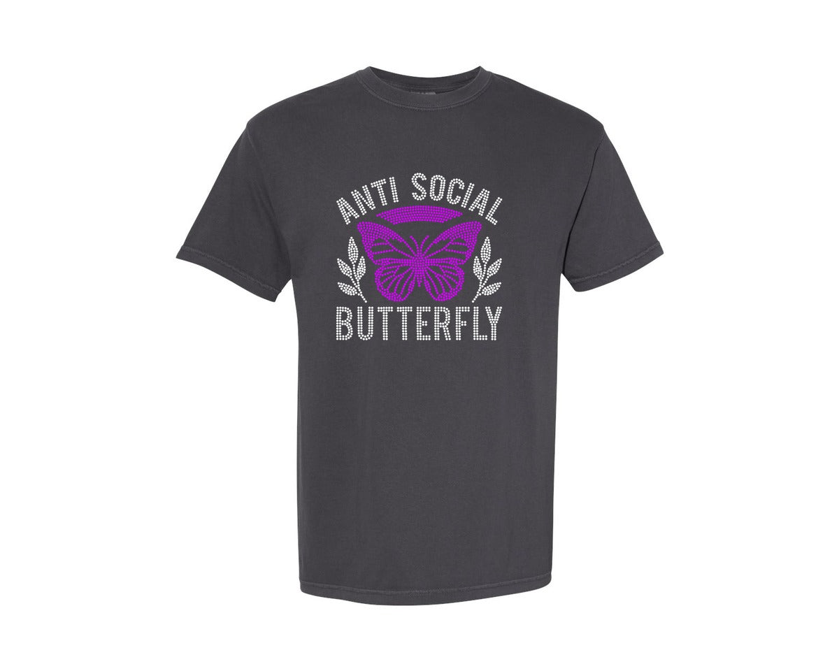 brand:Comfort Colors|color:Graphite|Antisocial Butterfly Rhinestone Design 2 Graphic T-Shirt