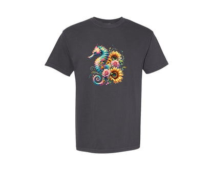 brand:Comfort Colors|color:Graphite|Ocean Seahorse Sunflowers Roses Graphic T-Shirt