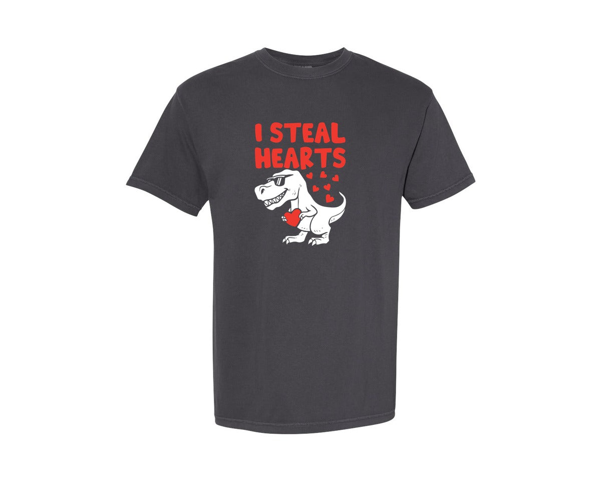 brand:Comfort Colors|color:Graphite|Funny Dinosaur Valentine I Steal Hearts Graphic T-Shirt