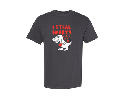brand:Comfort Colors|color:Graphite|Funny Dinosaur Valentine I Steal Hearts Graphic T-Shirt