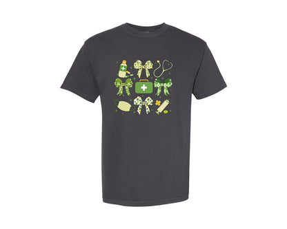 brand:Comfort Colors|color:Graphite|St Patricks Nurse Icons Collage Graphic T-Shirt