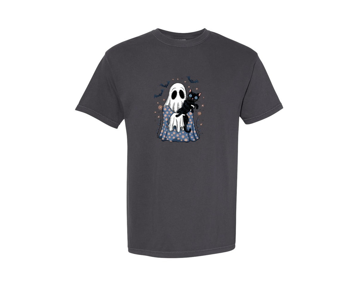 brand:Comfort Colors|color:Graphite|Ghost Hugging Black Cat Whimsical Graphic T-Shirt