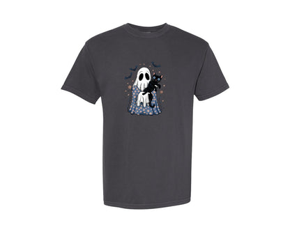 brand:Comfort Colors|color:Graphite|Ghost Hugging Black Cat Whimsical Graphic T-Shirt
