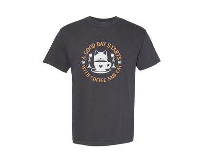 brand:Comfort Colors|color:Graphite|Good Day Starts With Coffee And Cat 3 Graphic T-Shirt