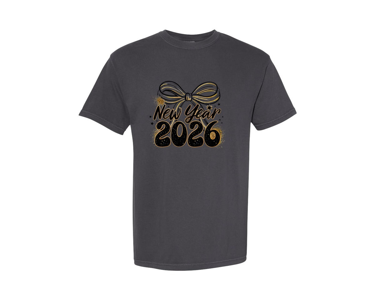 brand:Comfort Colors|color:Graphite|Coquette New Year 2026 New Year Bow Graphic T-Shirt