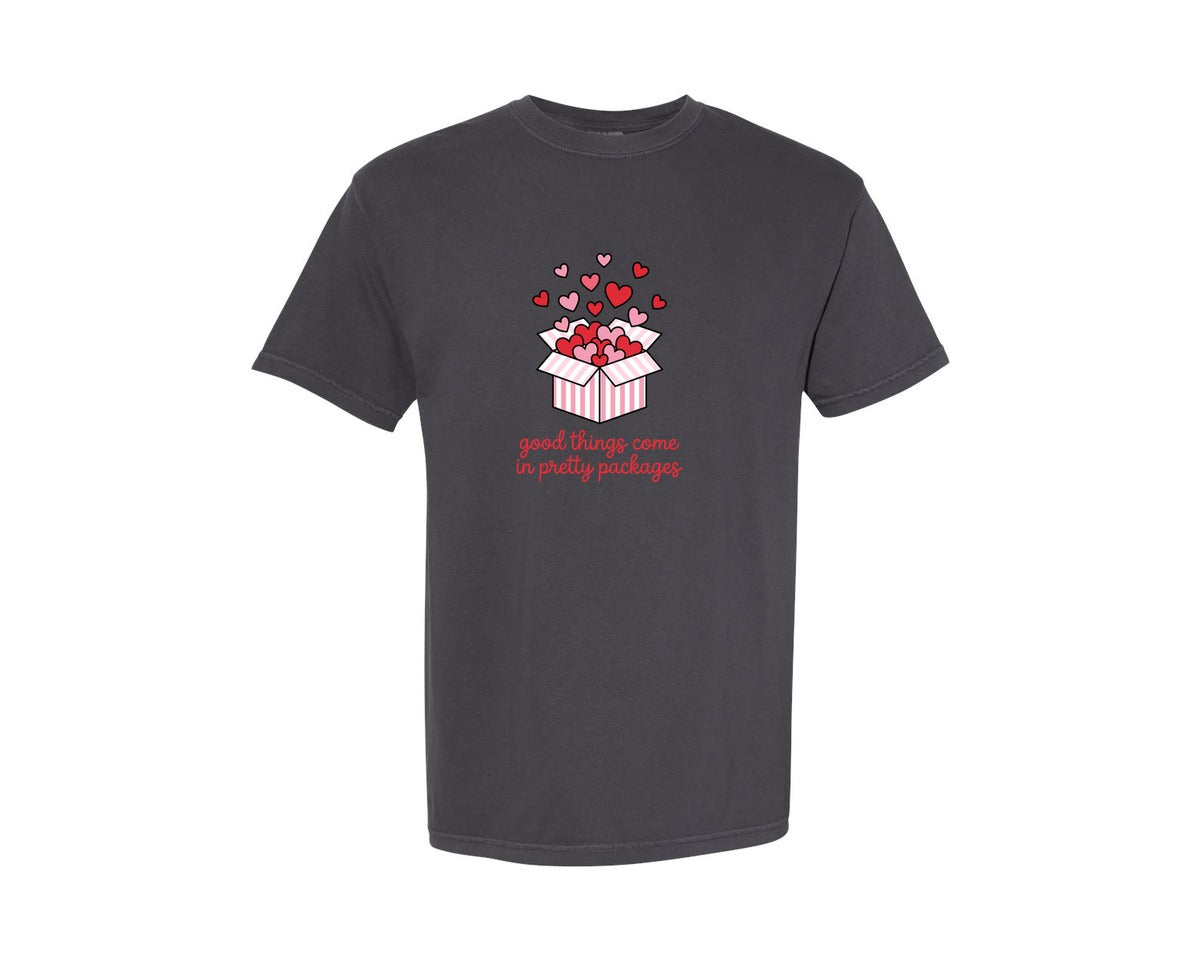 brand:Comfort Colors|color:Graphite|Valentine Good Things Cute Gift Box Graphic T-Shirt