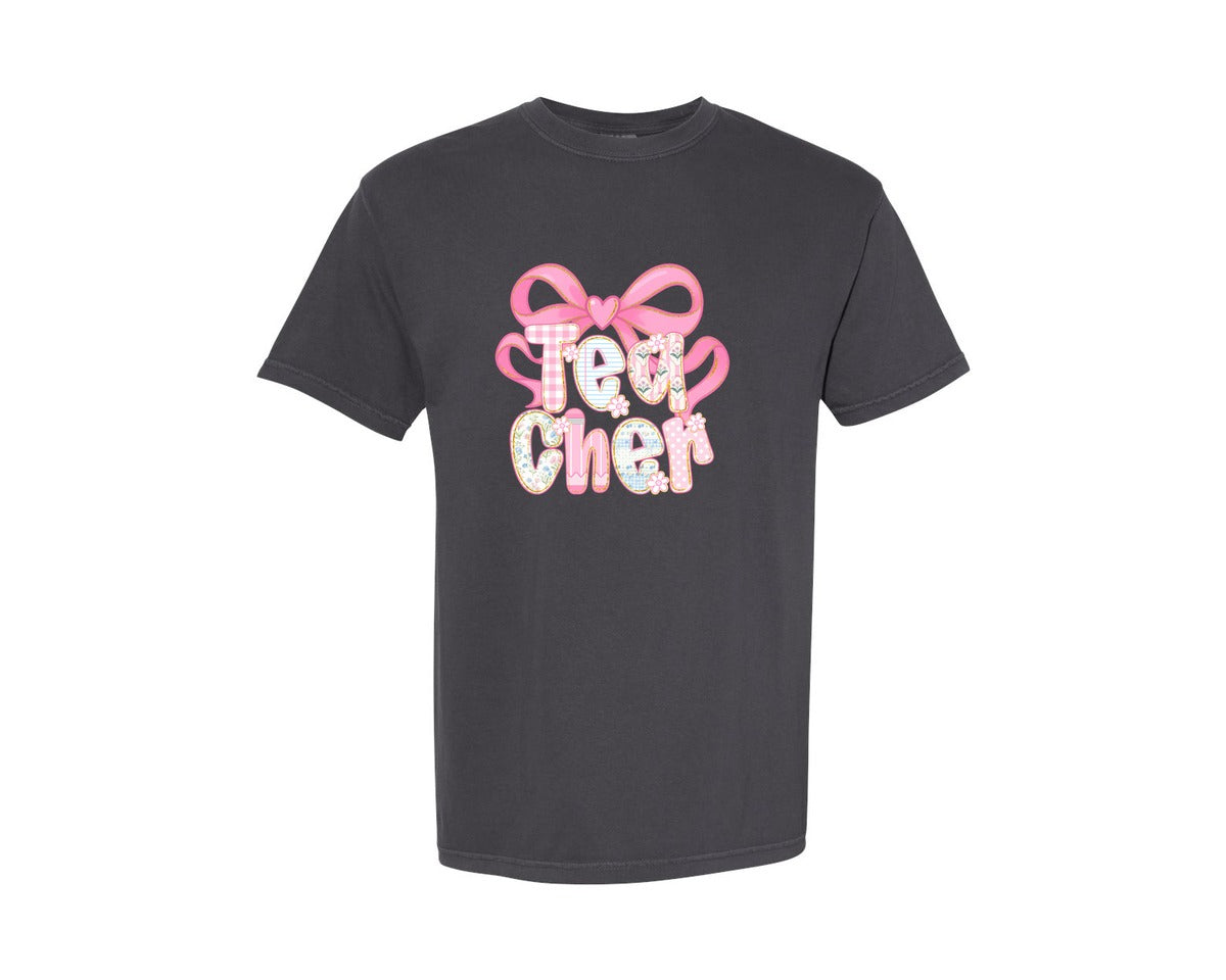 brand:Comfort Colors|color:Graphite|Pink Heart Bow Teacher Patch Graphic T-Shirt