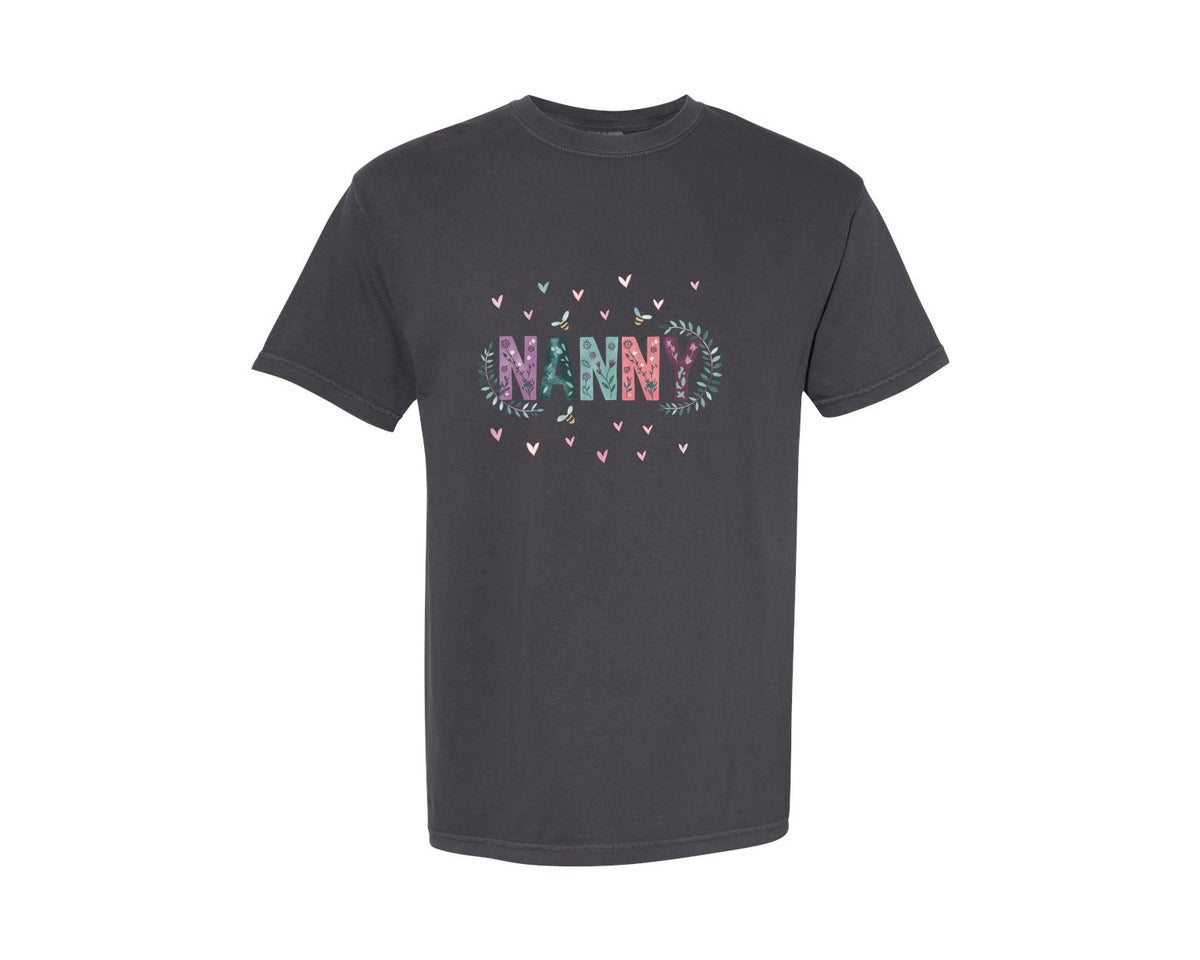 brand:Comfort Colors|color:Graphite|Retro Nanny Flowers Hearts Graphic T-Shirt