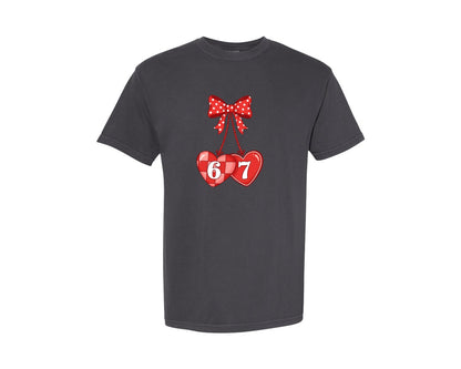 brand:Comfort Colors|color:Graphite|67 Valentine Hearts Red Polka Dot Bow Graphic T-Shirt