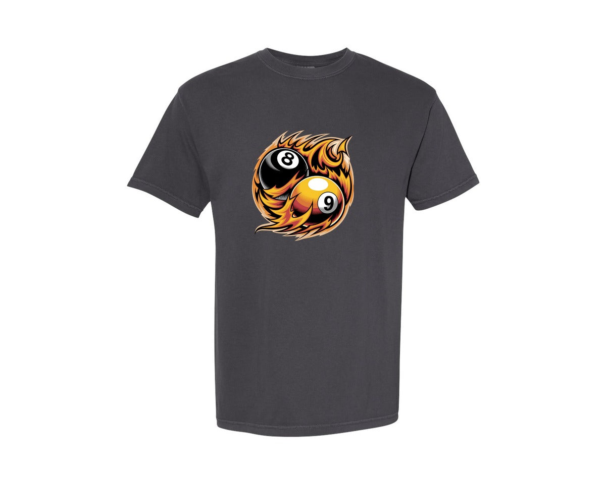 brand:Comfort Colors|color:Graphite|Flaming 8 9 Ball Billiards Graphic T-Shirt