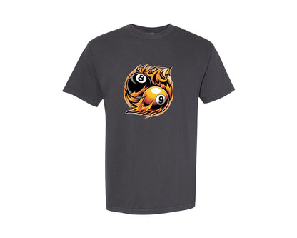 brand:Comfort Colors|color:Graphite|Flaming 8 9 Ball Billiards Graphic T-Shirt