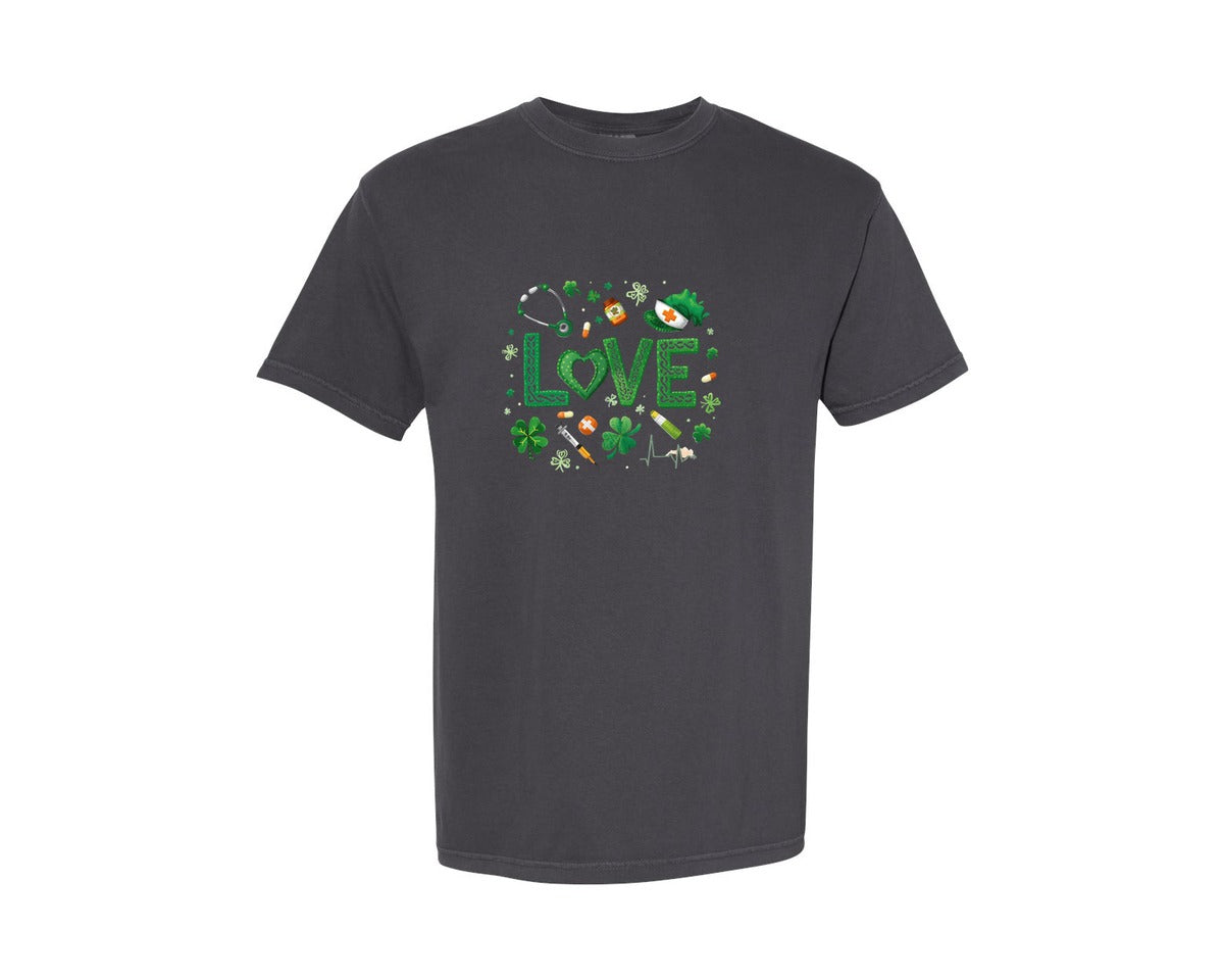 brand:Comfort Colors|color:Graphite|Nurse St Patricks Love Clover Shamrock 2 Graphic T-Shirt