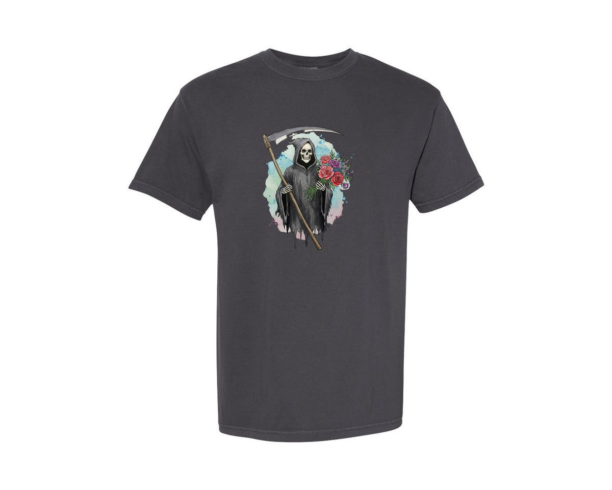 brand:Comfort Colors|color:Graphite|Grim Reaper With Flowers Gothic Graphic T-Shirt