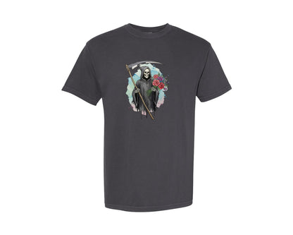 brand:Comfort Colors|color:Graphite|Grim Reaper With Flowers Gothic Graphic T-Shirt