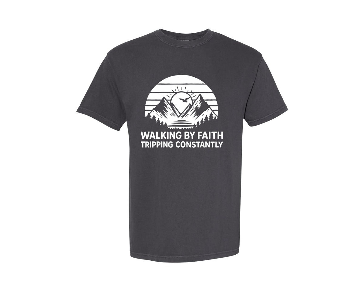 brand:Comfort Colors|color:Graphite|Walking By Faith Tripping Constantly 8 Graphic T-Shirt