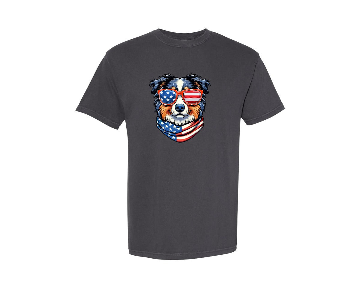 brand:Comfort Colors|color:Graphite|Australian Shepherd Dog 4Th Of July Graphic T-Shirt