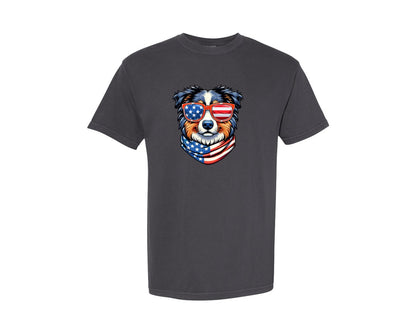 brand:Comfort Colors|color:Graphite|Australian Shepherd Dog 4Th Of July Graphic T-Shirt