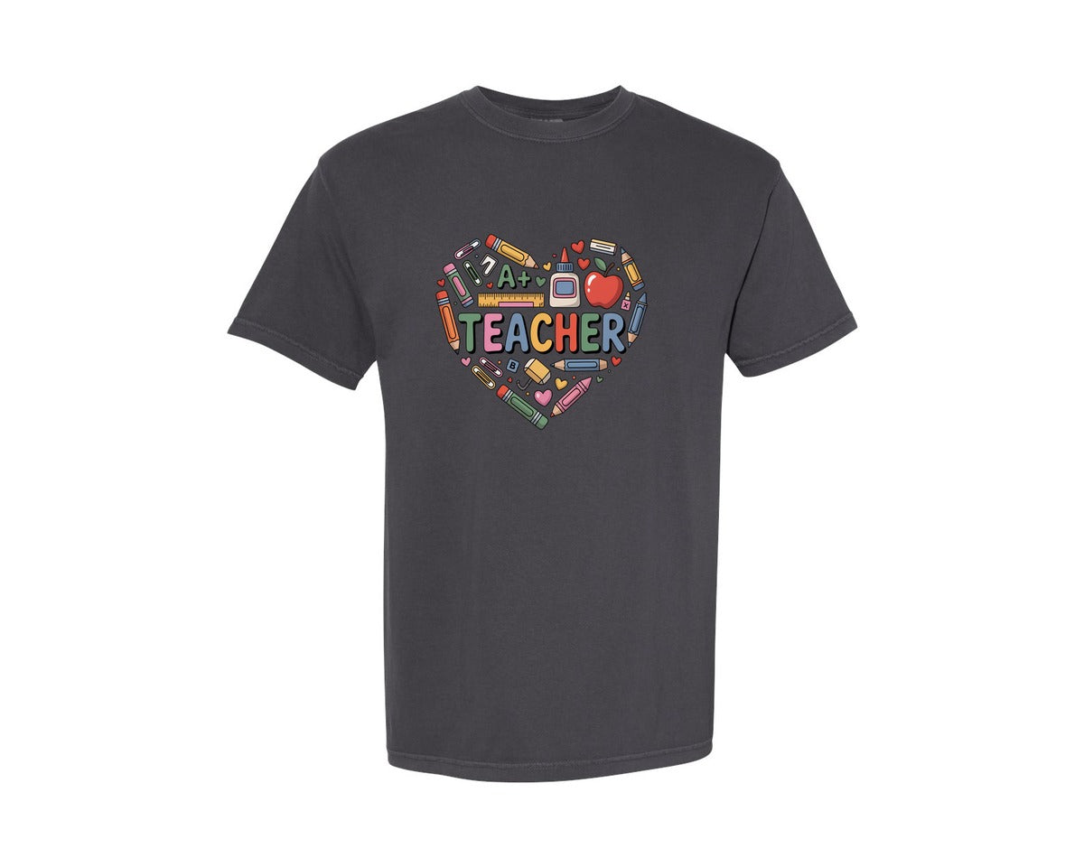 brand:Comfort Colors|color:Graphite|Teacher Heart Back To School Graphic T-Shirt