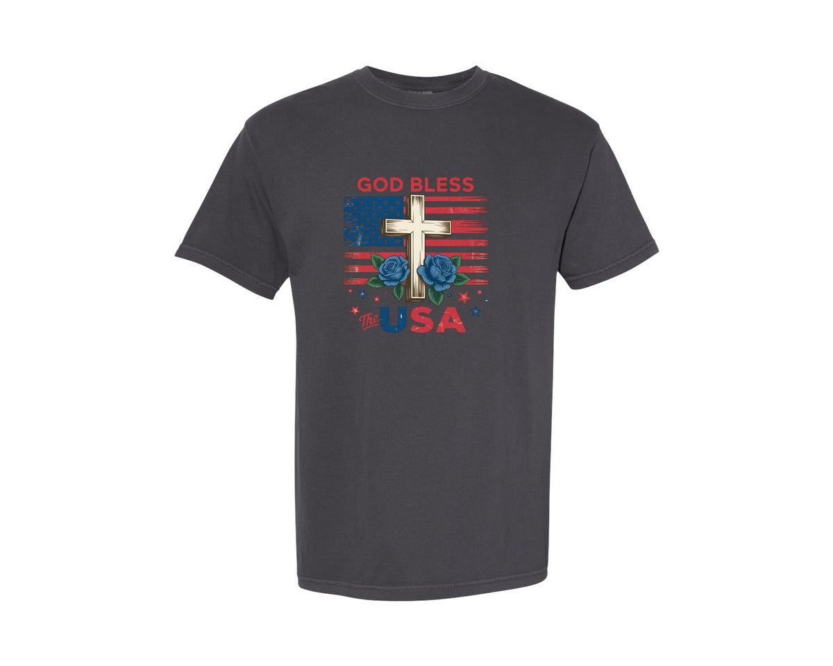 brand:Comfort Colors|color:Graphite|God Bless The Usa Usa Cross Graphic T-Shirt