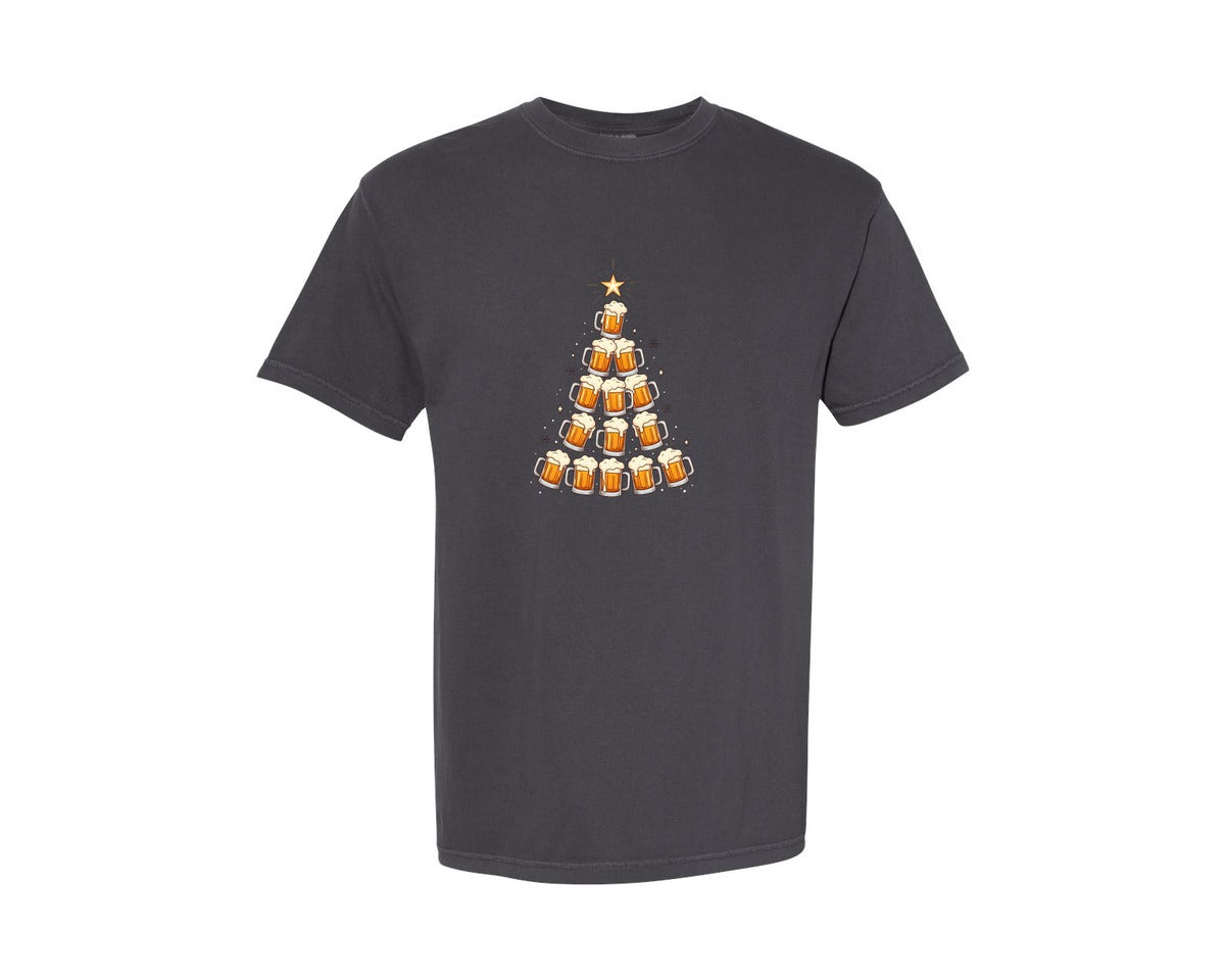 brand:Comfort Colors|color:Graphite|Beer Mug Christmas Tree Graphic T-Shirt