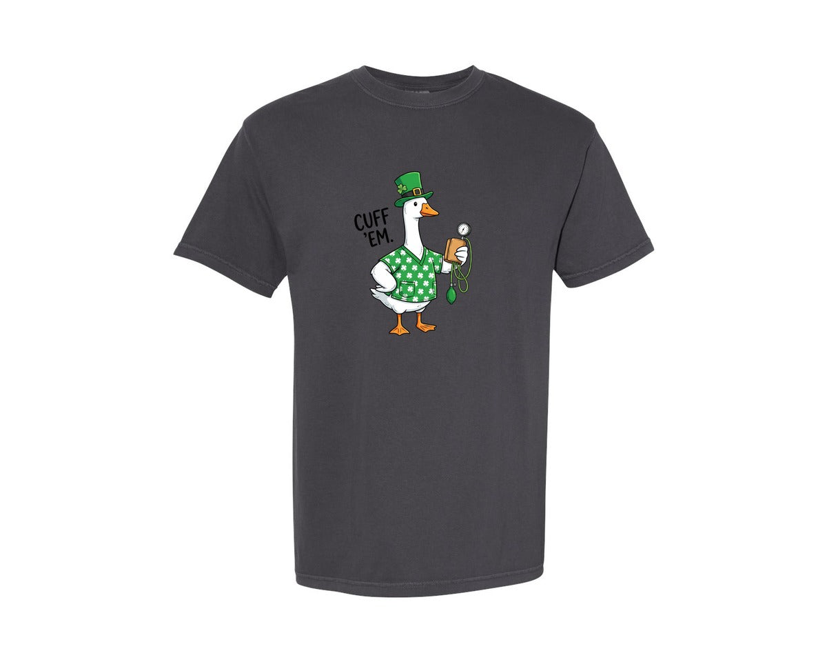 brand:Comfort Colors|color:Graphite|Cute Irish Nurse Goose Cuff Em Graphic T-Shirt