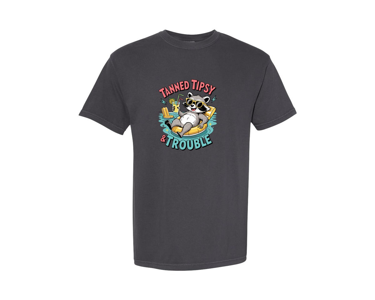 brand:Comfort Colors|color:Graphite|Funny Raccoon Tanned Tipsy Graphic T-Shirt
