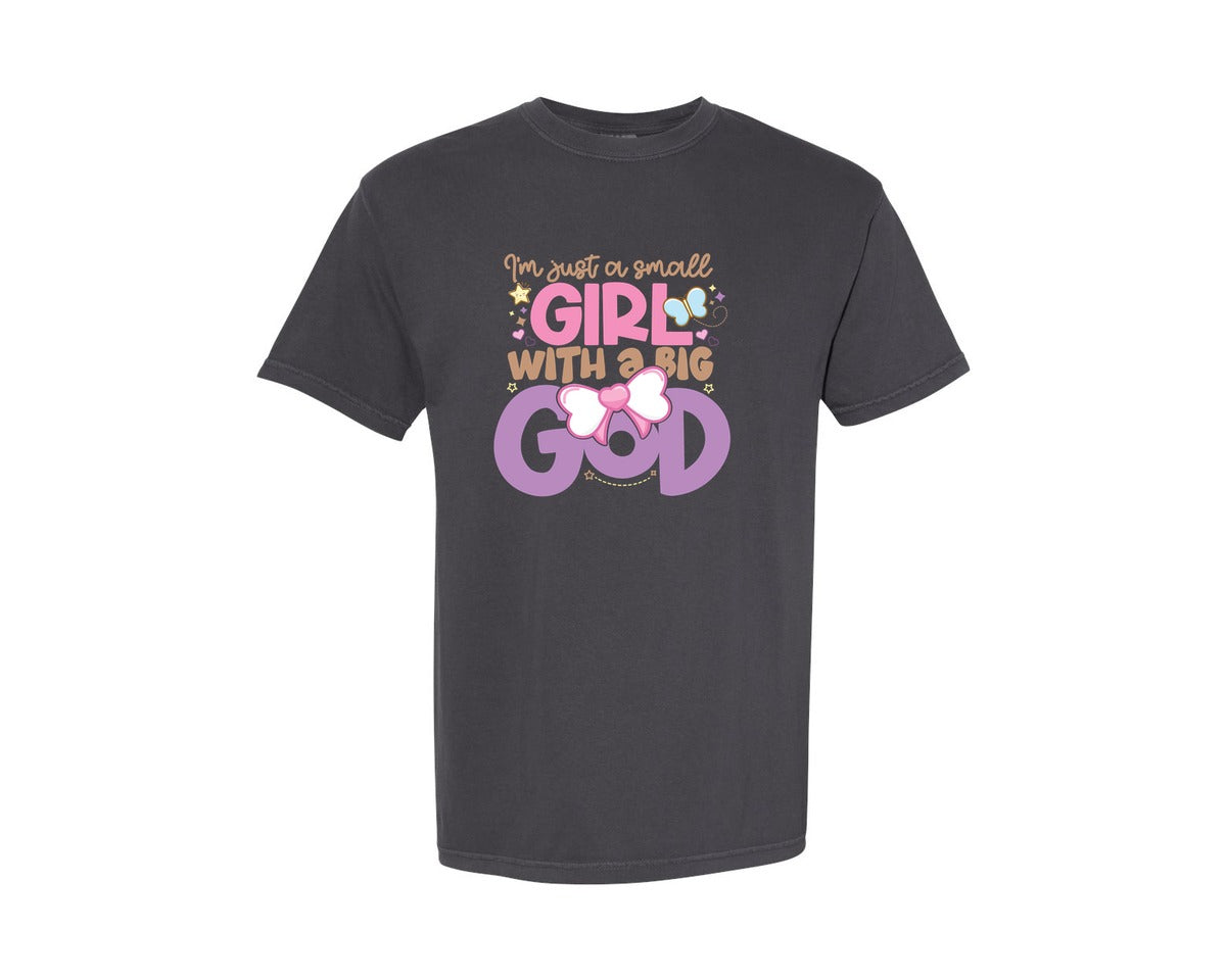 brand:Comfort Colors|color:Graphite|Small Girl Big God Christian Kids Graphic T-Shirt