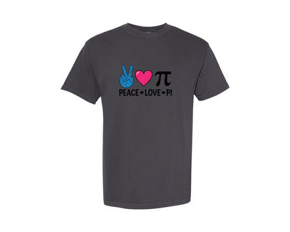 brand:Comfort Colors|color:Graphite|Peace Love Pi Math Graphic T-Shirt