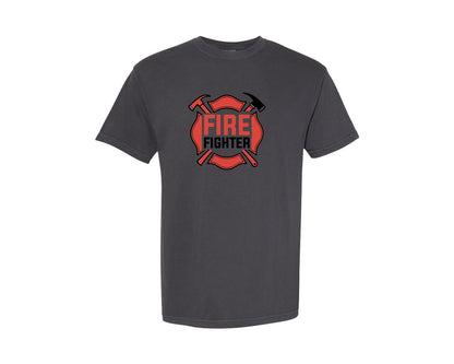 brand:Comfort Colors|color:Graphite|Fire Fighter Shield Logo Icon Design Graphic T-Shirt